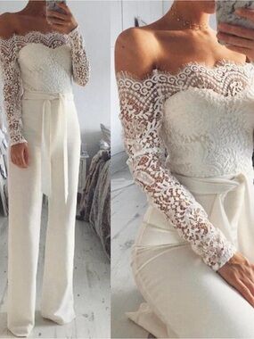 bebe Cream Stunning Lace High-Waist Wide Leg Jumpsuit